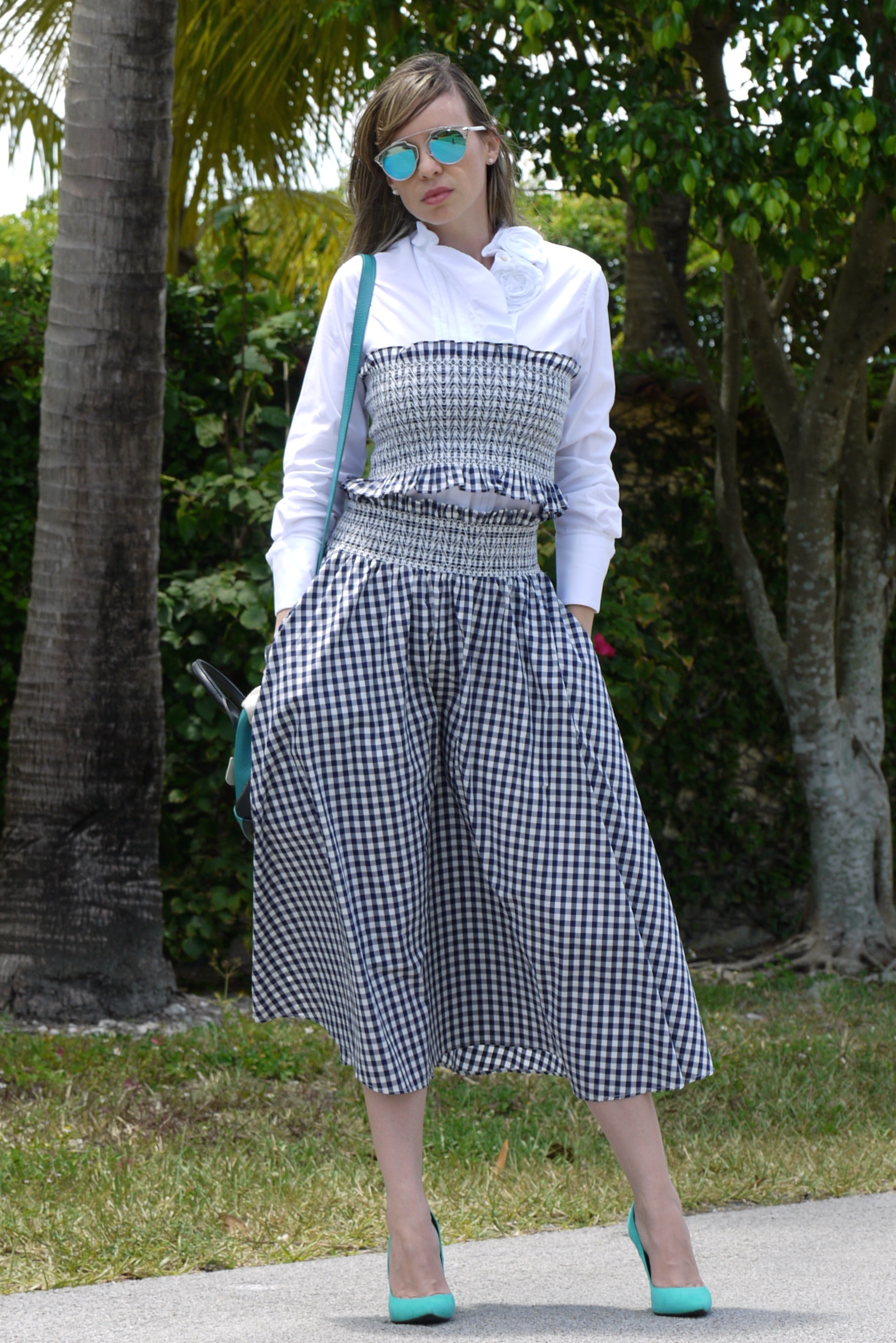 Gingham set over white shirt + Stilettos by mylovelypeople