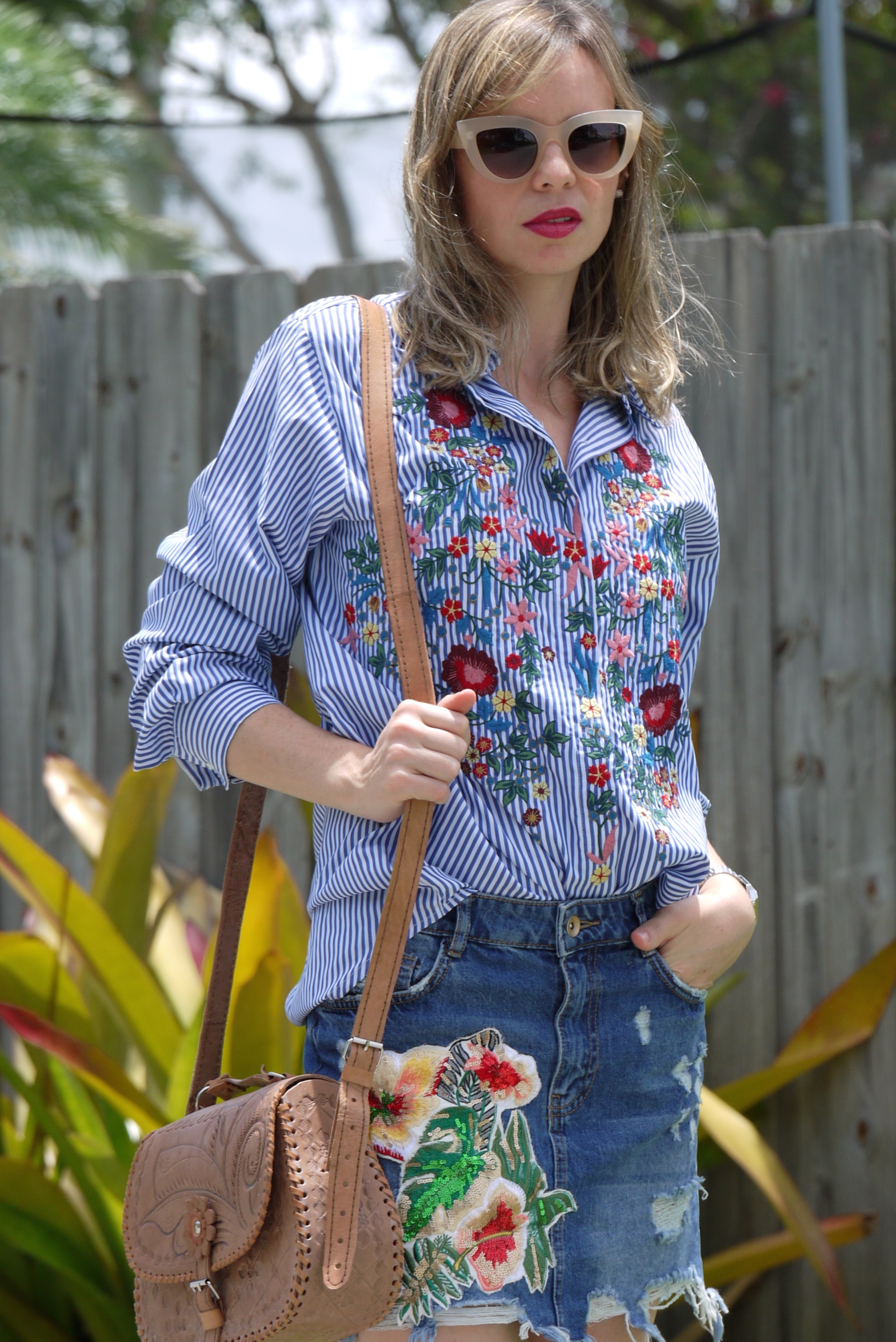 Embroidery flowers shirt + denim skirt by mylovelypeople