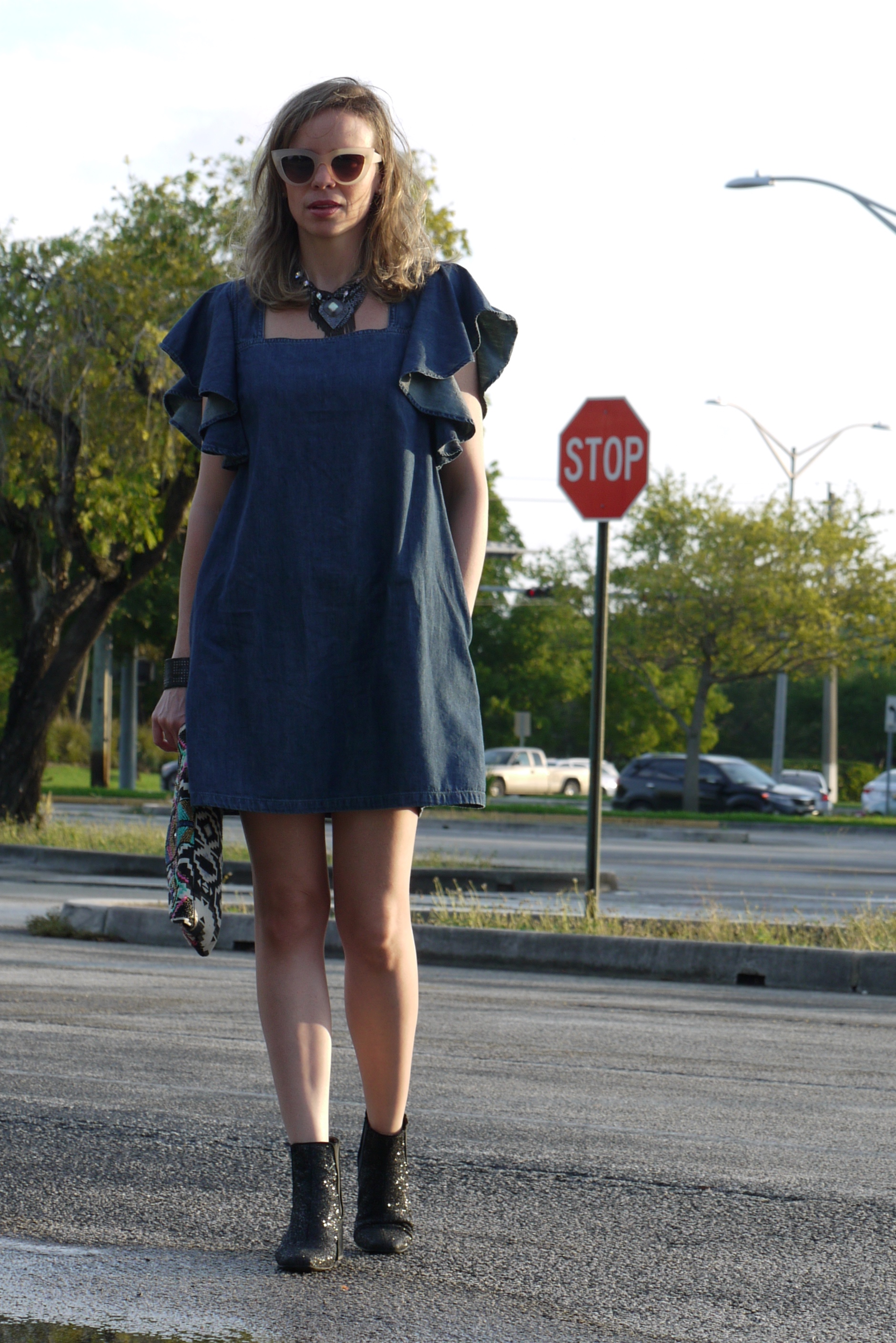 Denim ruffle dress with sparkling booties by Mylovelypeople