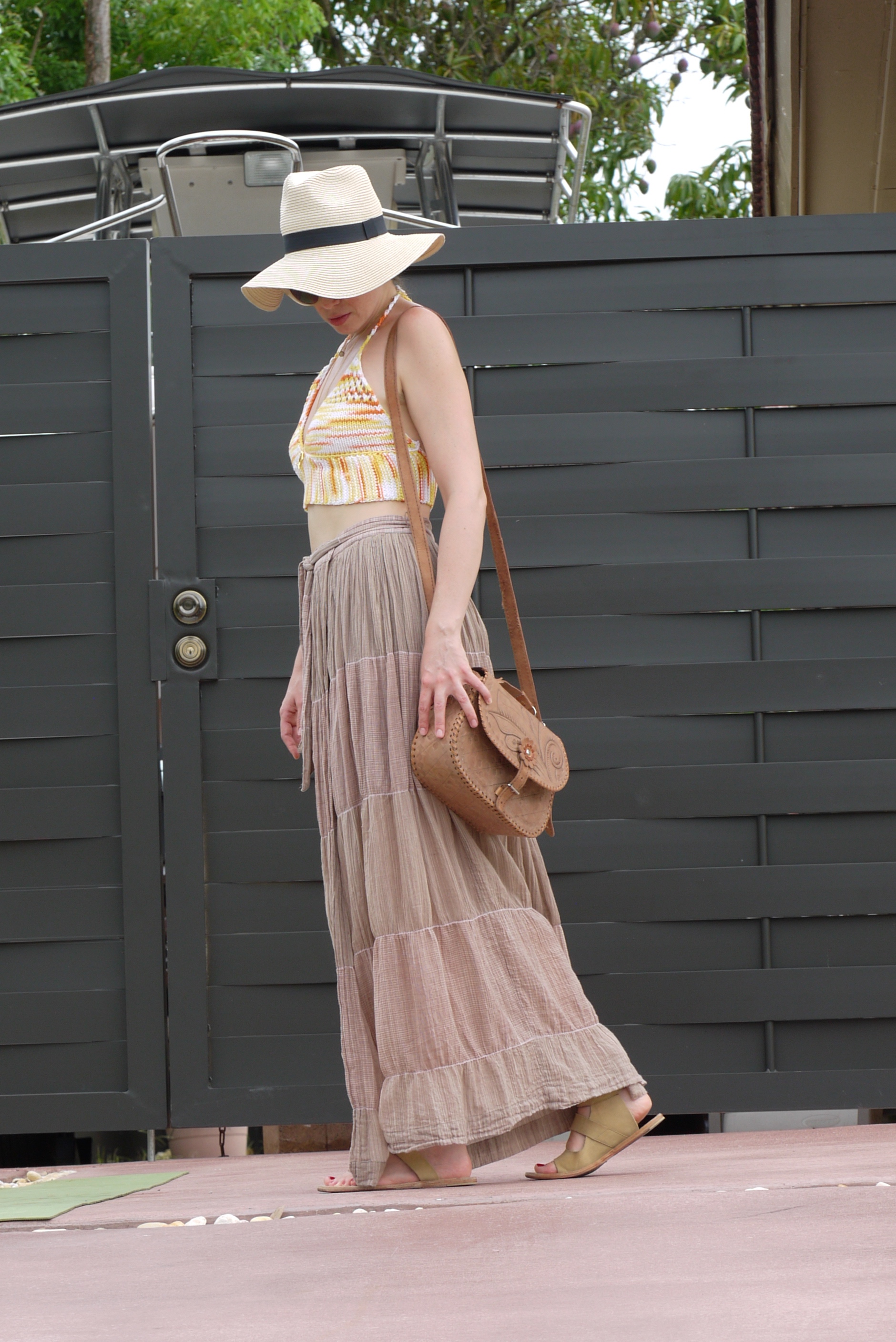 Wrap skirt + knit with gladiator sandals