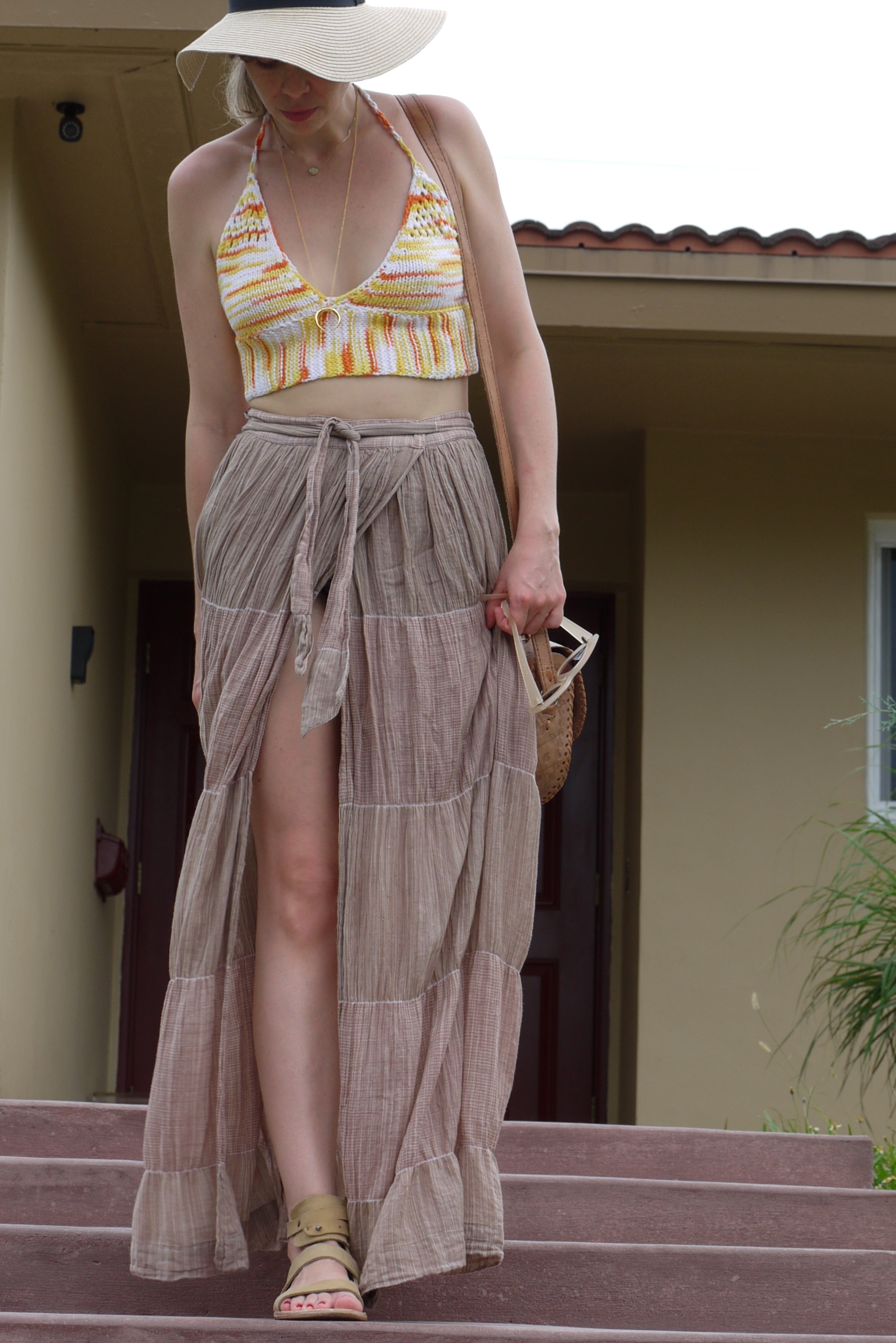 Wrap skirt + knit with gladiator sandals