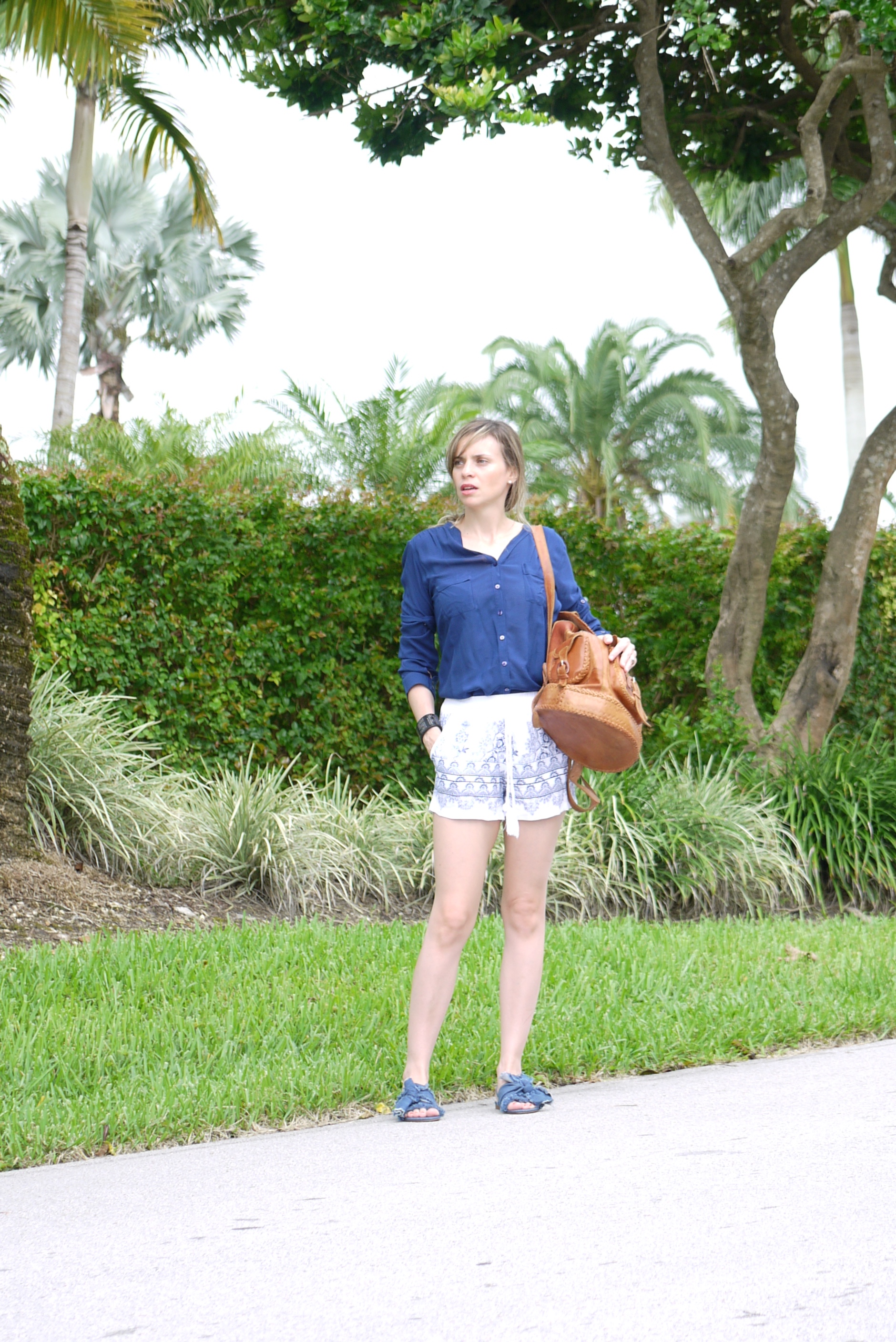 high waist short + navy blue shirt and flat sandals with bow on it by mylovelypeople