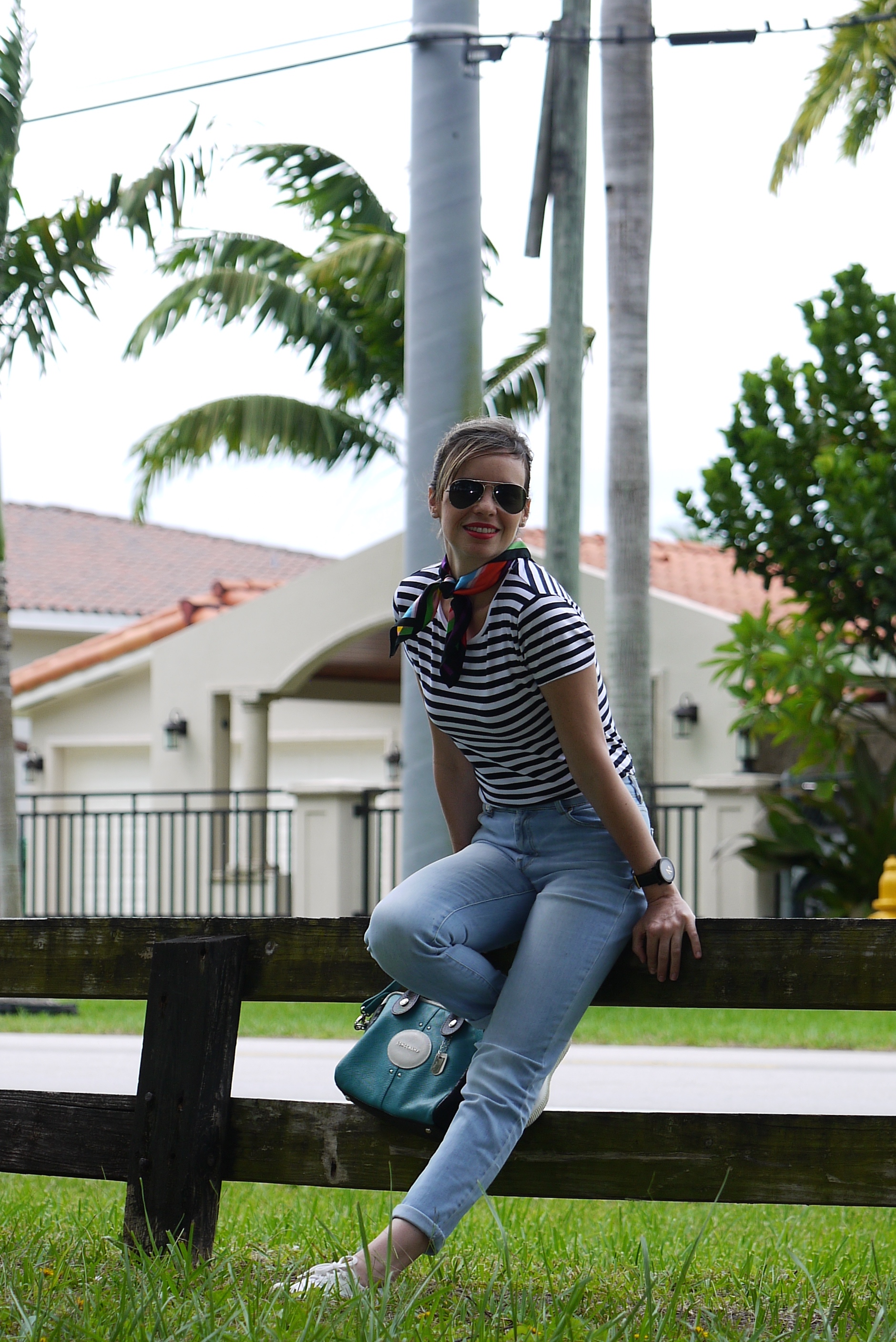 high waist jeans + stripes tee+ scarf and sneakers by Mylovelypeople