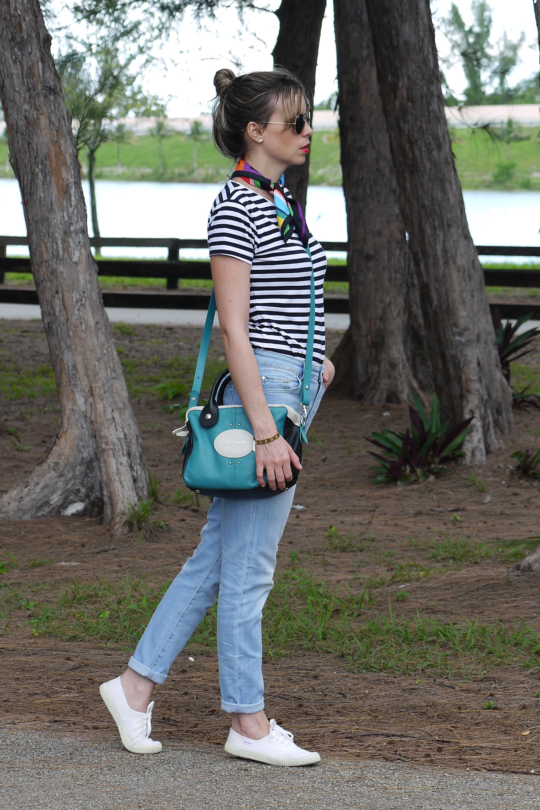 high waist jeans + stripes tee+ scarf and sneakers by Mylovelypeople