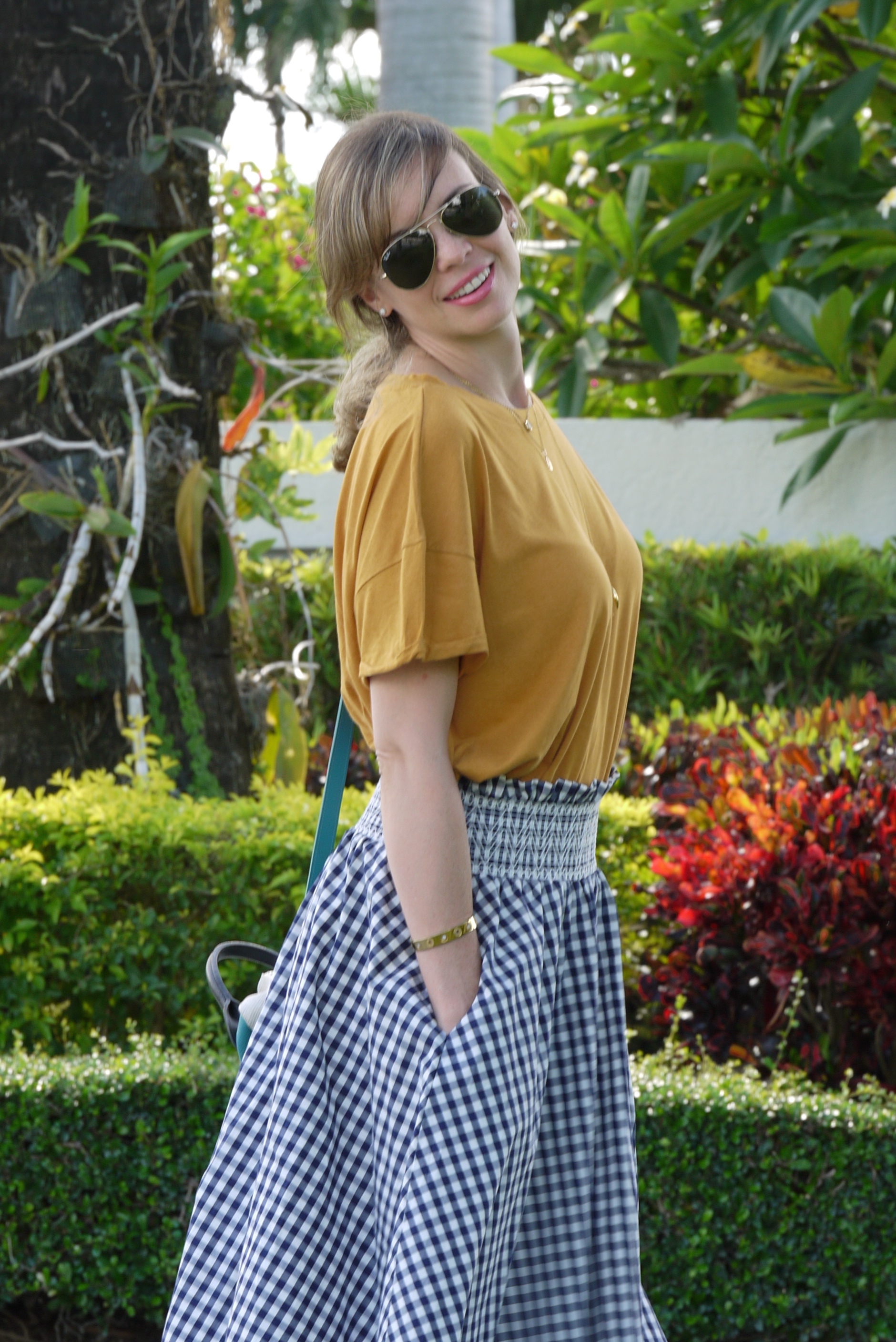 gingham skirt with mustard tee and flat satin sandals by mylovelypeople