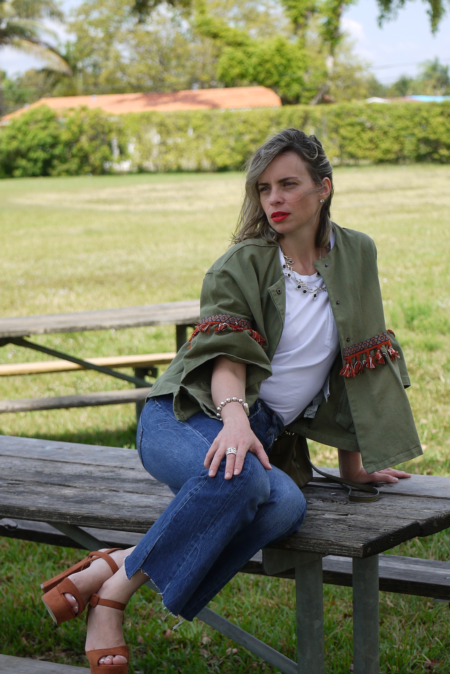 Boho kaki jacket + cropped jeans + brown sandals + silver jewels by Mylovelypeople