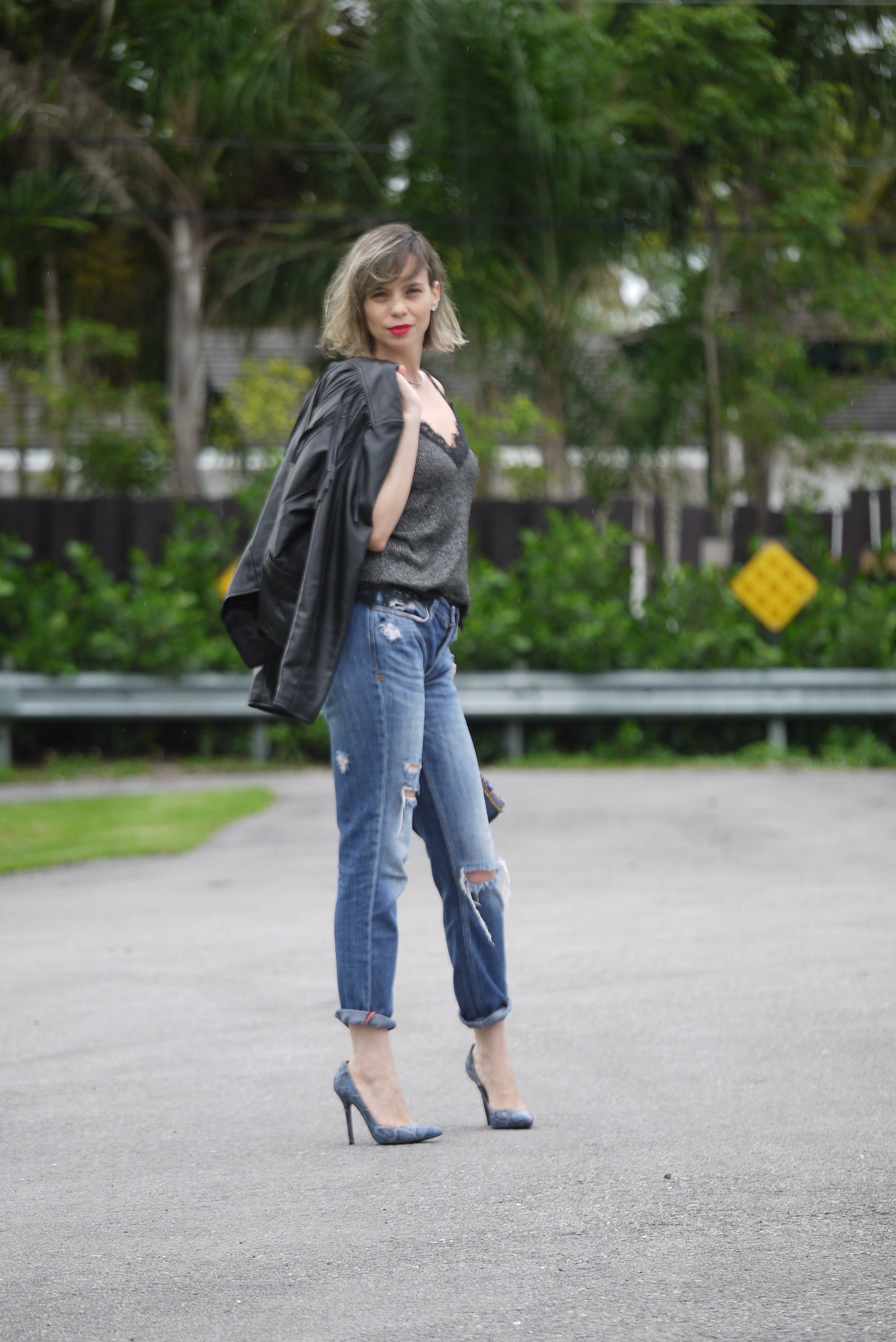 boyfriend jeans + lingerie top+ fringes jacket with blue stilettos by Mylovelypeople